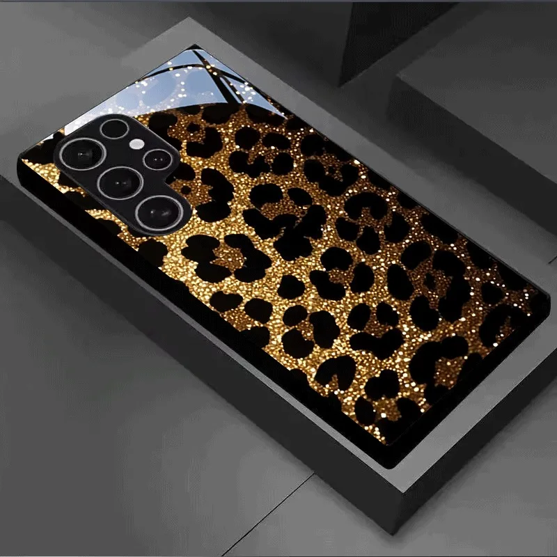 Gold Glitter Leopard Print Tempered Glass Phone Case For Samsung GalaxyS26 25 24 23Ultra FE 5G Shockproof Full Protective Cover