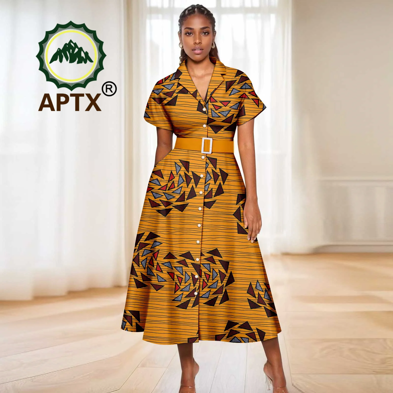 African Dress for Women Ankara Print Short Sleeve Turndown collar Dresses with Belt Dashiki Casual Party Wedding Clothes