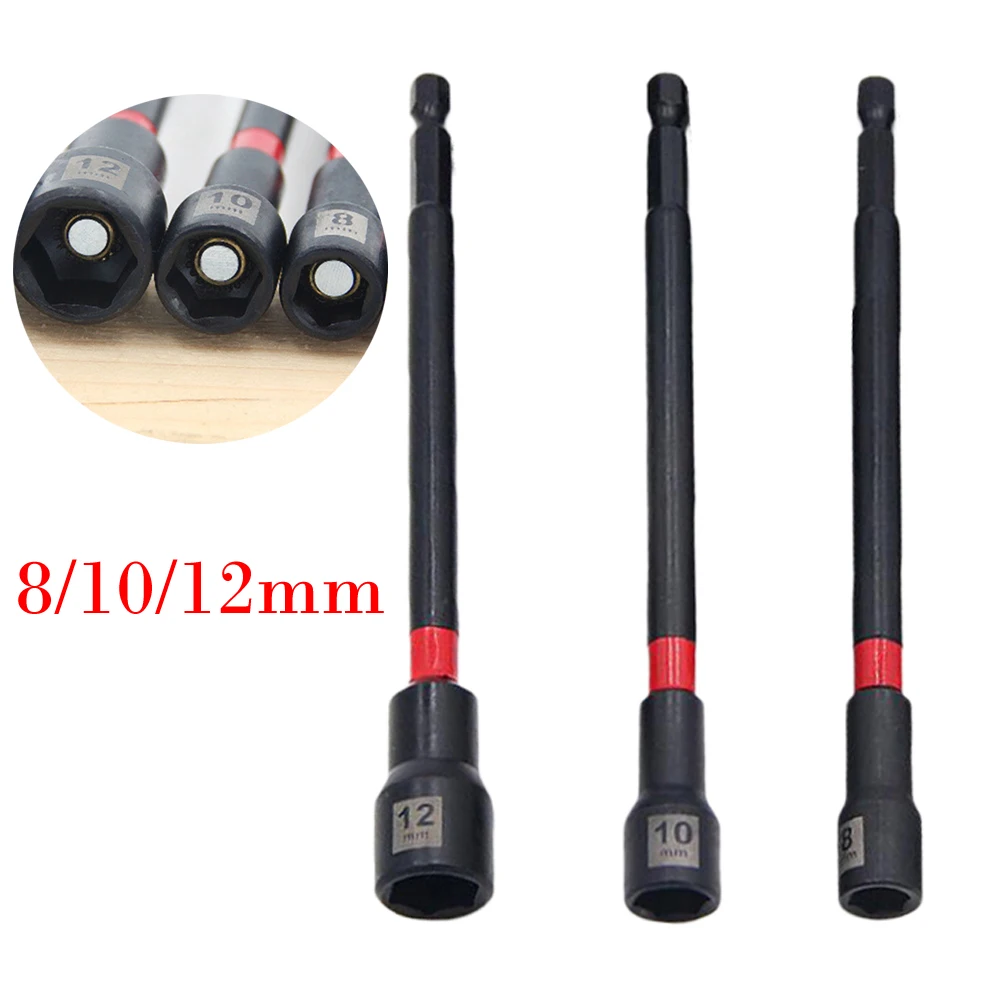 3PCS Magnetic Nut Driver Set 150mm Long Nut Drivers Impact-Drill Long Shank Nut Driver Bits Hex Shank Socket Adapter 8/10/12mm