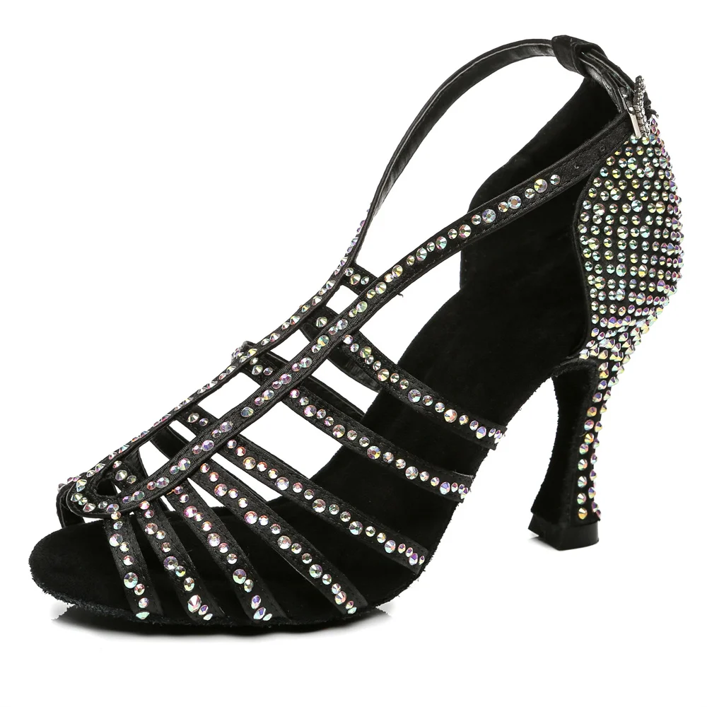 Chaussures de danse latine pour femmes, en tissu de soie, semelle souple avec strass, pour salle de bal, Salsa, été, 2020