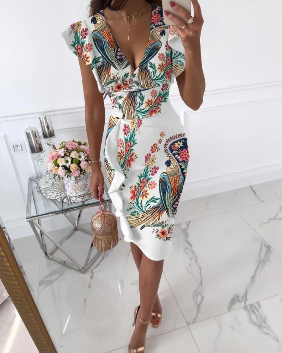 

2024 Women's Retro Ruffle Print Dress Fashion Slim Sexy Wrap Hip Dress Deep V-neck High Waist Design Elegant Females Party Dress