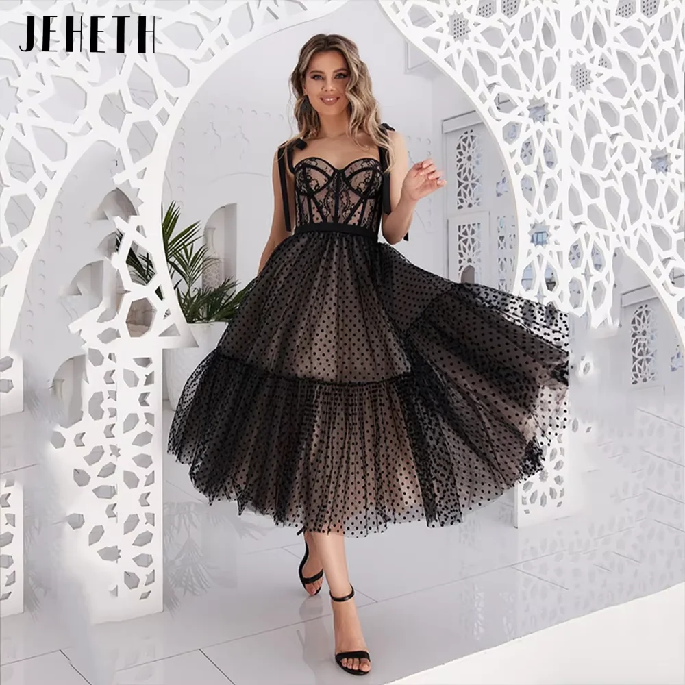 Jeheth Black Polka lunares Women 's dance dress TUL outside back lazo tie - up Sweets palabra a vestido de noche té Long tie - up sin mangas investigado de festa