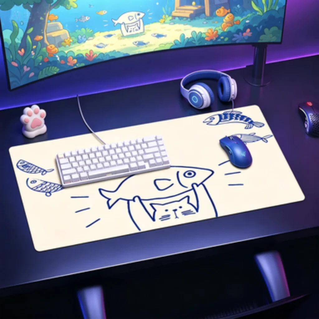 Blue Purple Strawberry Desk Mat, Hand Drawn Cat Cloud Mouse Pad, Cat Cloud PC Accessory, Black Cartoon Office Mat.