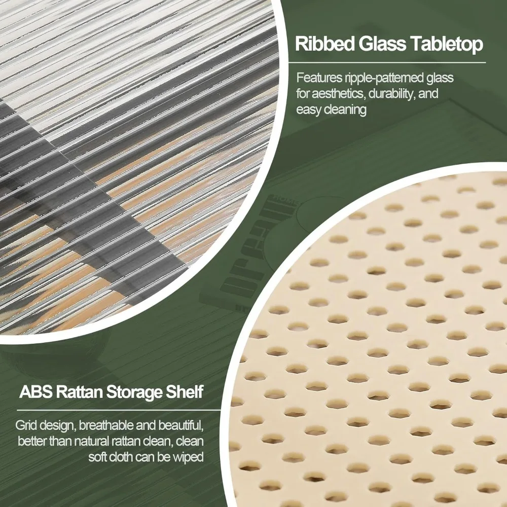 Modern Rectangle Coffee Table with Bamboo Frame, Imitation Rattan Shelf, Ribbed Glass Top, Boho Style