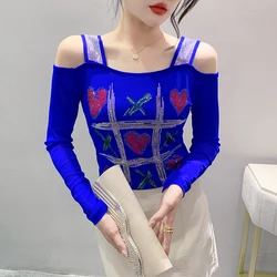 Early Autumn Mesh Tee TShirt Girls Hollow Out Shoulders Diamonds Straps Full Sleeve Mesh T-shirts