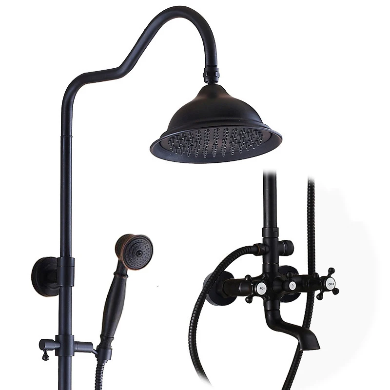 

Oil-Rubbed Bronze Outdoor Rain Shower System Soft Rainfall Handheld Spray Solid Brass Wall Faucets with Cross Handles