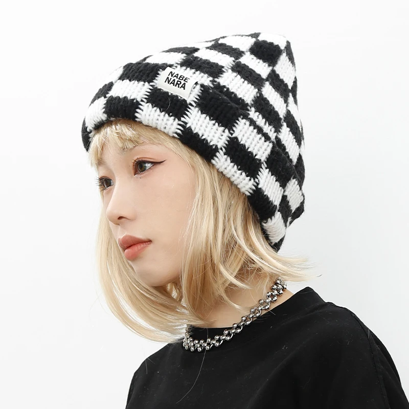 Contrasting Color Plaid Women\'s Hats Autumn and Winter Japanese Retro Street Checkerboard Thickened Warm Cover Knit Beanies Men