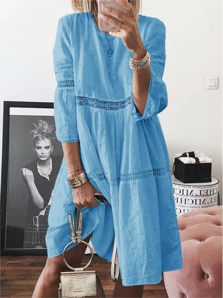 

Spring Autumn New Women's Fashion Lace Splicing Sexy Hollow Embroidery Seven Sleeve Dress Large Knee Length Long Dress