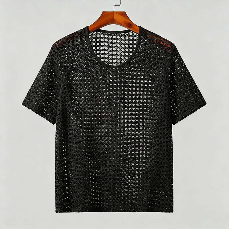 Herren Ausgehöhltes Häkel-Strick-T-Shirt Rundhals Kurzarm Durchsichtiges Netz-Oberteil Atmungsaktives Vintage Strand-Party Freizeit-T-Shirt S-2XL – Detail 16