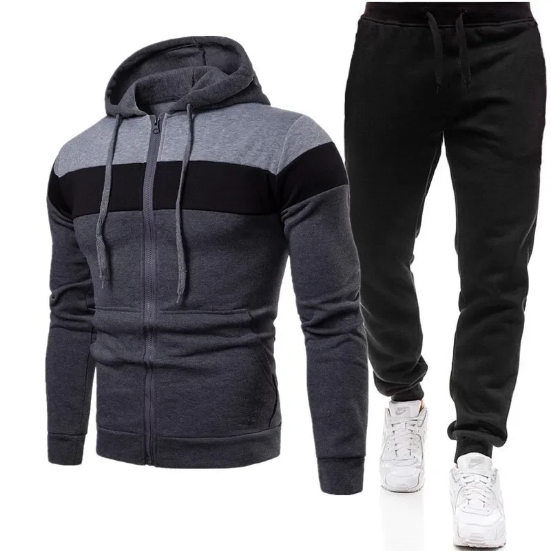 

2025 Men Sets Long Sleeve Hooded Hoodies Patchwork Sweatshirt Zipper Outerwear Slim Fit Casual Sports Ankle Length Pencil Pants