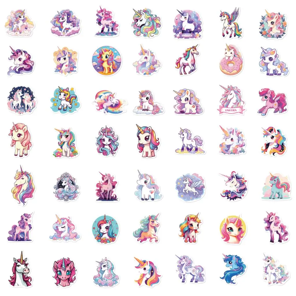 Cartoon Rainbow Unicorn Stickers, DIY Scrapbook, Laptop, Bagagem de viagem, Parede, Decoração do carro, Graffiti Sticker, 50pcs