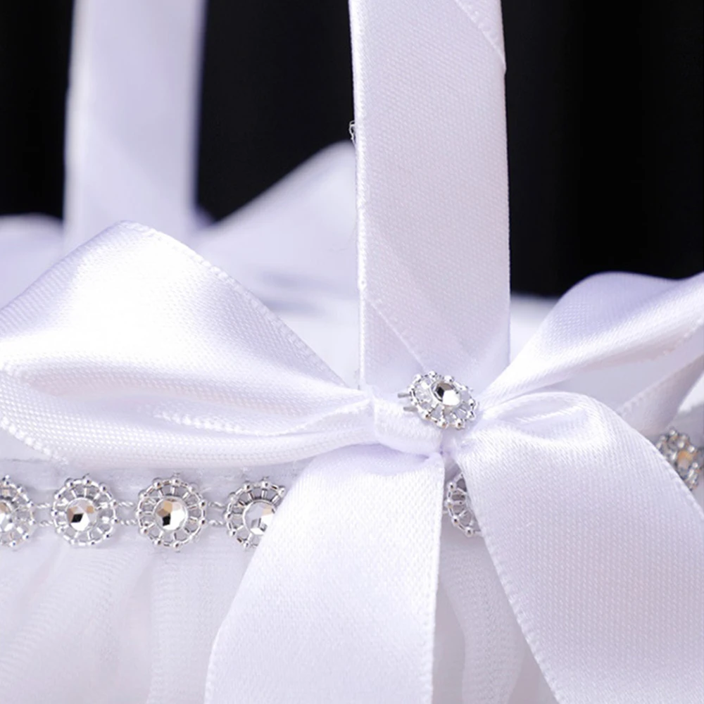 Elegant White Lace Wedding Flower Girl Basket with Rhinestones & Satin Bows, Bridal Shower & Wedding Ceremony Decor image 4