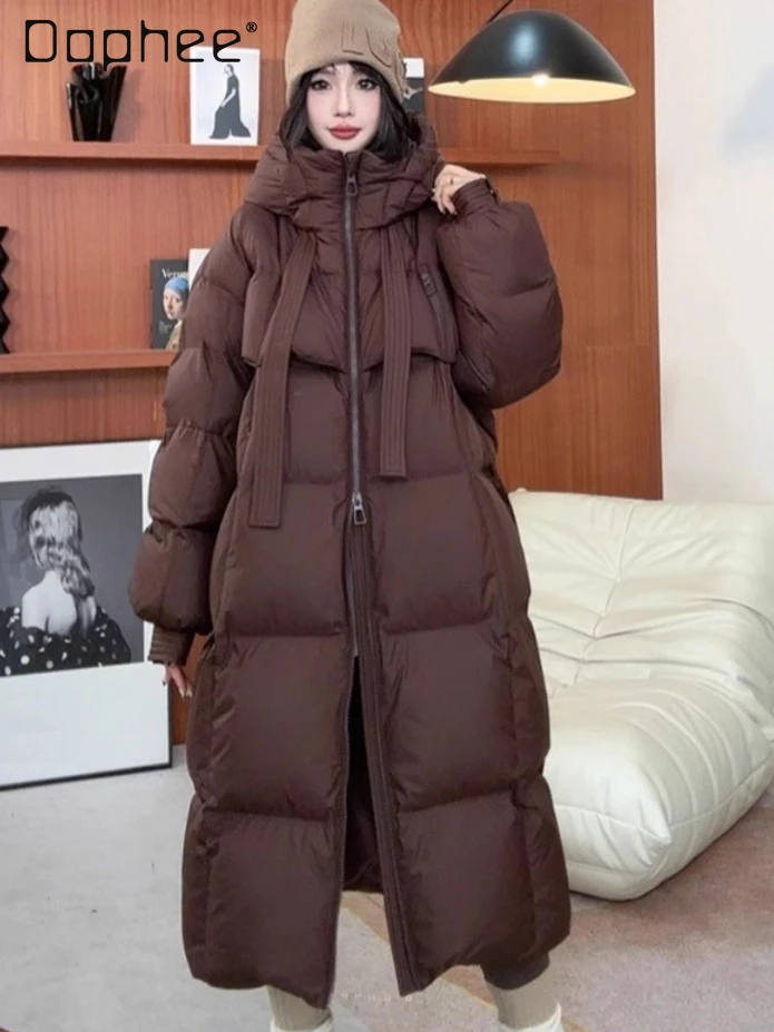 

Thickened Warm Oversized White Down Jackets 2025 Winter New Fashion Solid Color Versatile Mid-Length Elegant Hooded Trendy Coat
