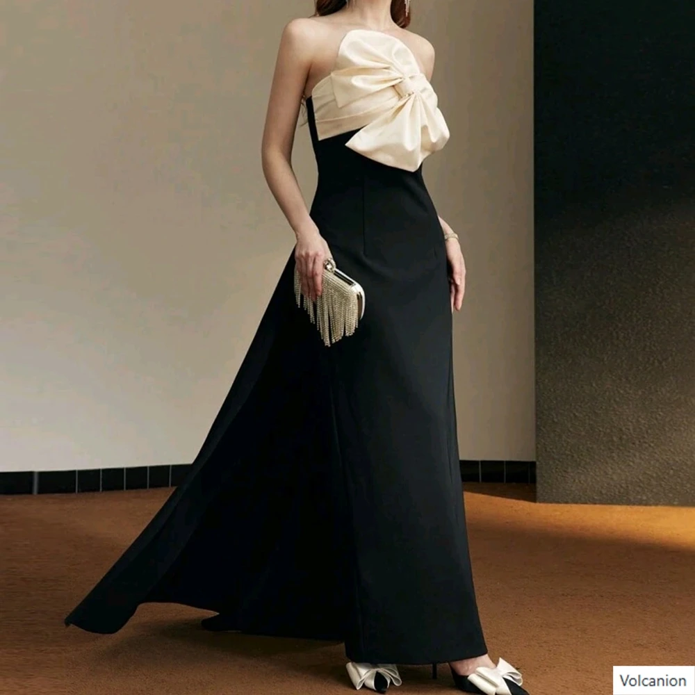 

Customized Straight Evening Dresses Floor-length Strapless Sleeveless Prom Gown Fashion Bow Simple Draped Backless Party Gown
