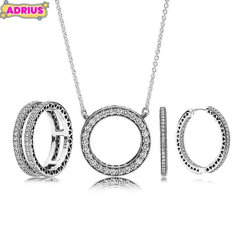 

New 925 Sterling Silver Double Hearts Accented Circular Hearts Of Collier Ring Earring Necklace For Women Jewelry Set Gift