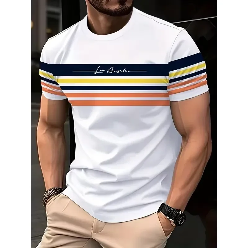 3D Digital Print Men Retro Rainbow Stripe T Shirt Short Sleeve Crew Neck Soft Casual Basic Tee 2026 Fashion Multiple Colors