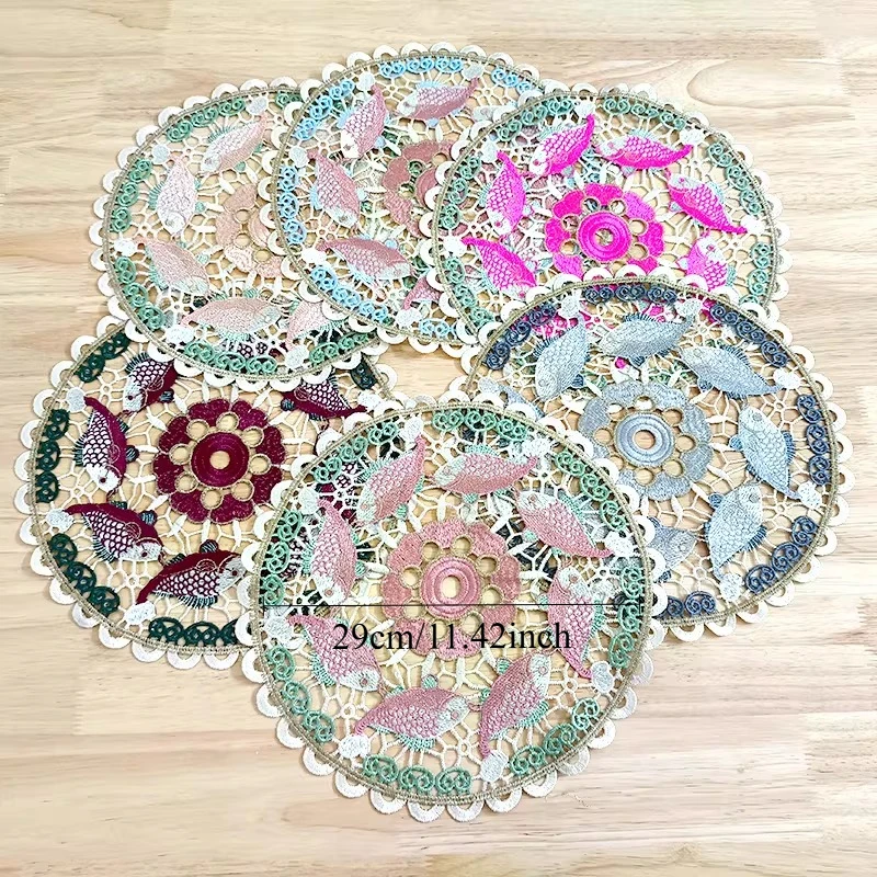 Colorful Round Lace Placemats, Hollow Out Embroidery Table Mats for Dinner Plates, Rustic Floral Coasters for Cups