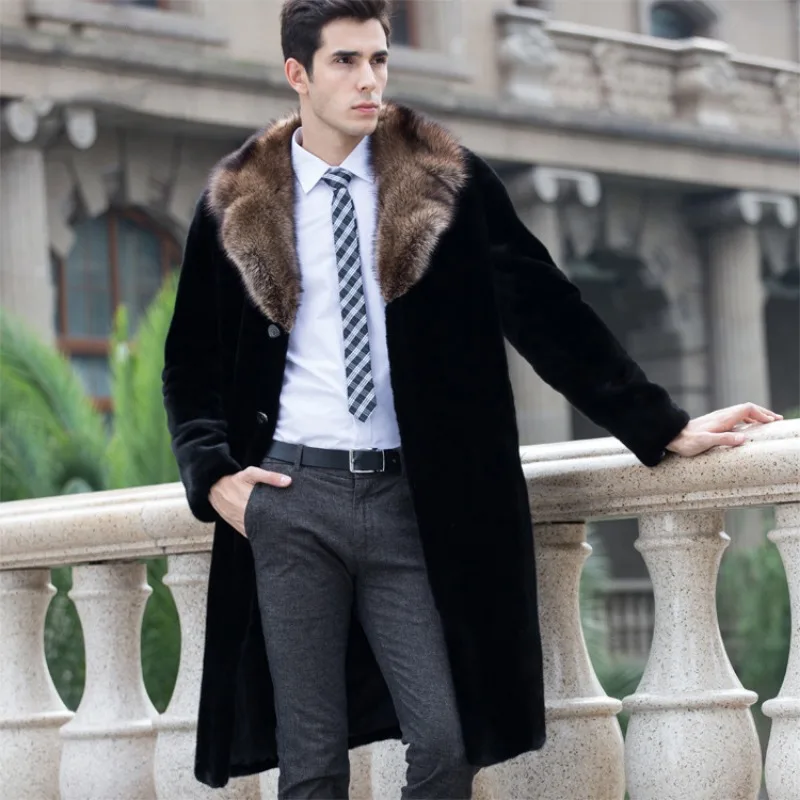 Luxury Brand Winter Long Faux Fur Coat Men Windproof Fur Collar Trench Coat Slim Business Casual Long Sleeve Fur Coat Plus Size