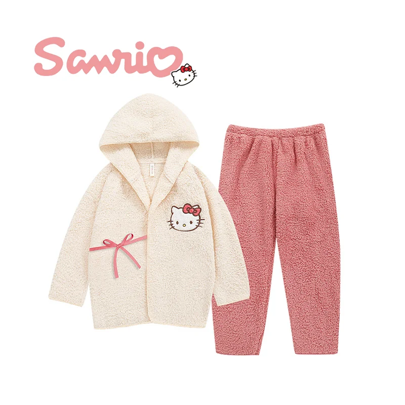 

Пижама Sanrio Hellokitty, костюм, коралловый плюшевый утепленный топ, брюки, домашняя одежда, комплект из 2 предметов, Y2k, Женская милая мягкая домашняя одежда