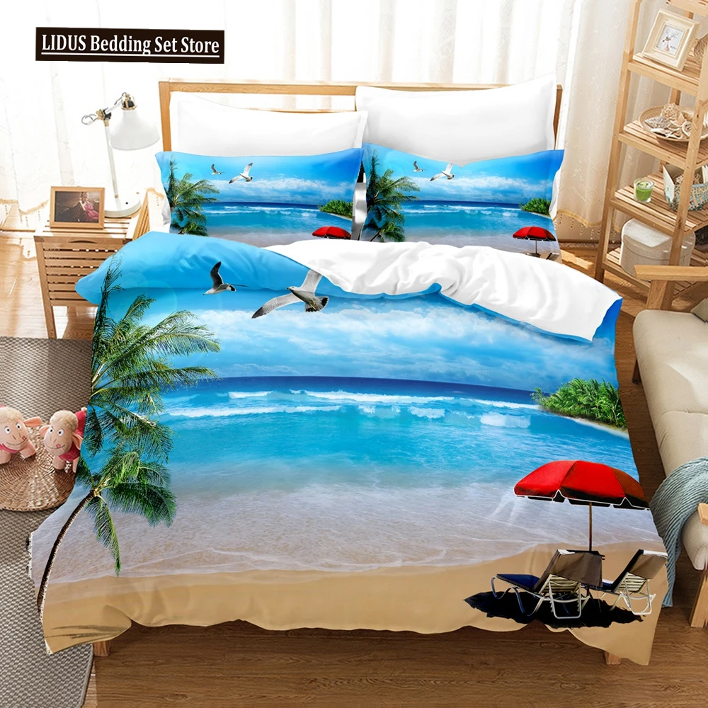 Landscape Duvet Cover Set King Full Size Summer Palm Trees Beach Sea Waves Ocean Theme For Kids Girl Boys Polyester Bedding Set