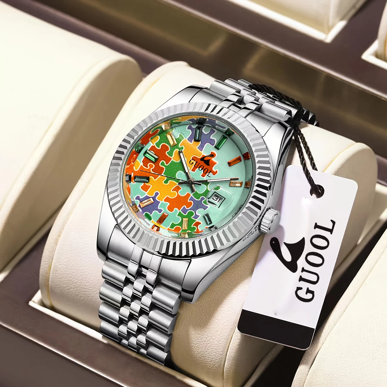 New Hot-Selling Men's Stainless Steel Five-Link Steel Band Watch with Puzzle Pattern, Business Style, Round Case, Calendar Display Function, Valentine's Day Gift, Father's Day Gift, Holiday Gift, Halloween Gift, Christmas Gift, Thanksgiving Gift