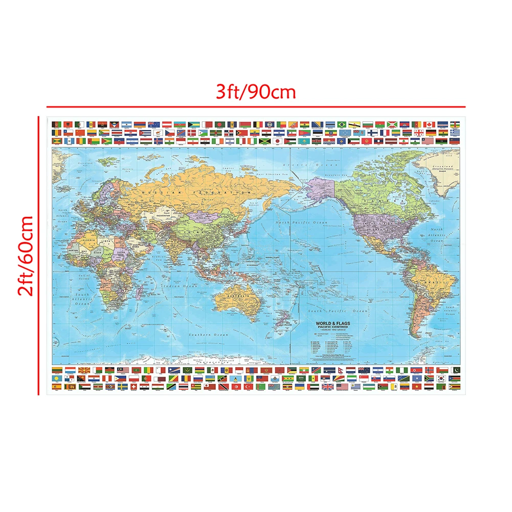 The World Map with Flag Office Wall Art Poster Living Room Unframed Canvas Painting Home Decoration 90*60cm