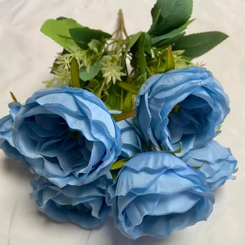 2/5 Stück Künstliche 7-köpfige Rosensträuße aus Seide, Kunstblumen für Hochzeitsdekoration, Rosa Austin-Rosen, Simulationsblumen für Saaldekoration – Detail 4