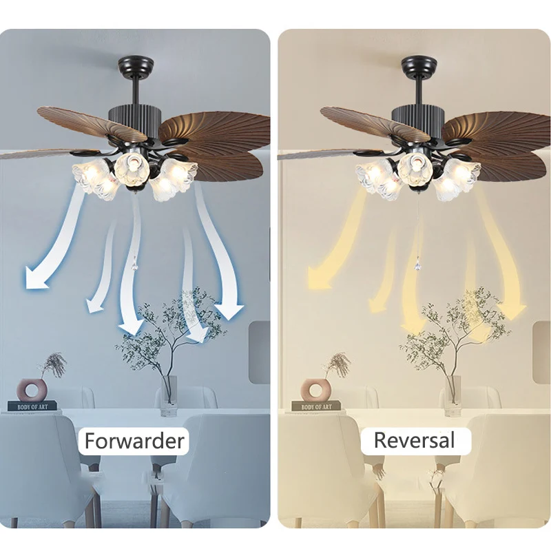 American Electric Ceiling Fan Lamp European Retro Style with LED Light Remote Control for Dining Room Living Room DC Reversible