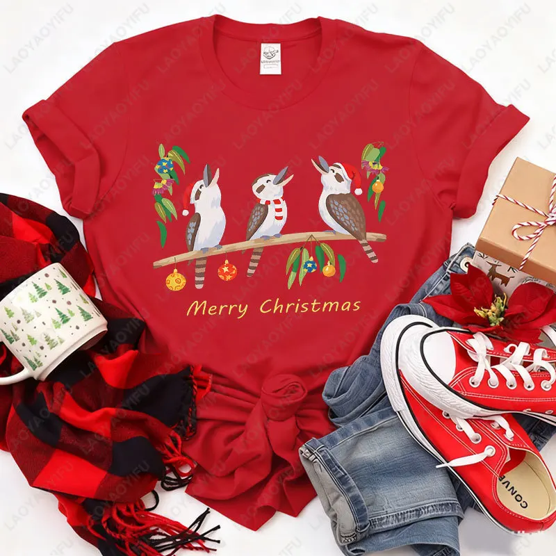 المرأة الأسترالية كوكابورا الطيور تي شيرت مطبوع عيد ميلاد سعيد الأسترالية موضوع بلايز بلوزة غير رسمية لملابس حفلة عيد الميلاد #3