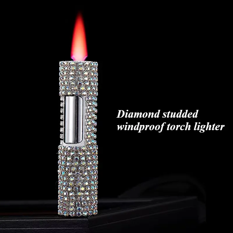 

Gas Lighter Metal Fashion Diamond Inlay Smoking Accessories Portable Press Type Windproof High-Flame Lighters for High-end Gifts