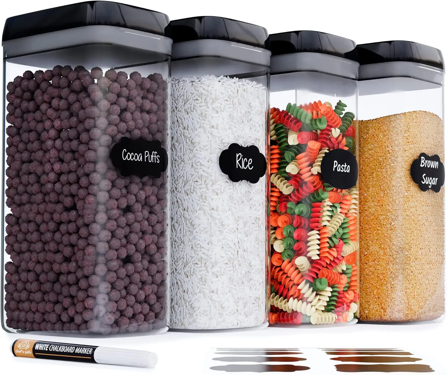 

Airtight Food Storage Boxes with Labels - 4 Pack 3.2L Plastic Containers for Pantry Organization, Flour, Cereal, Pasta