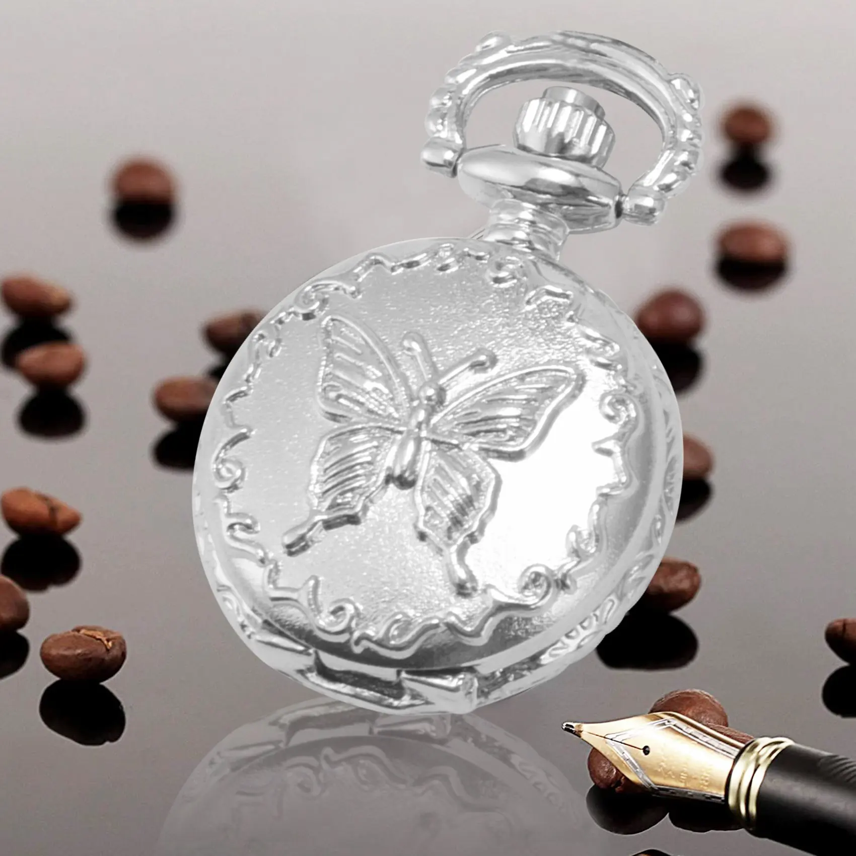 T27C Silver Quartz Butterfly Arabic numerals Pocket Watch with Vintage Necklace