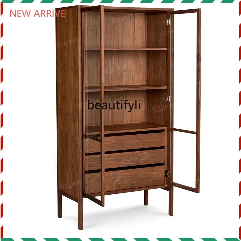 

V132 Black walnut bookcase All solid wood open white oak display storage cabinet Glass door model