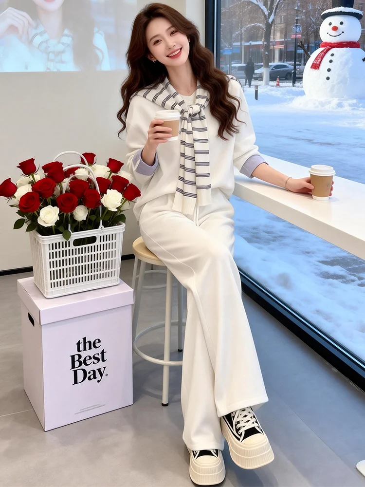 

High-End Casual Women's Set Spring 2026 New Stripe Shawl Long Sleeve Top High Waist Wide Leg Pants Three Piece Set