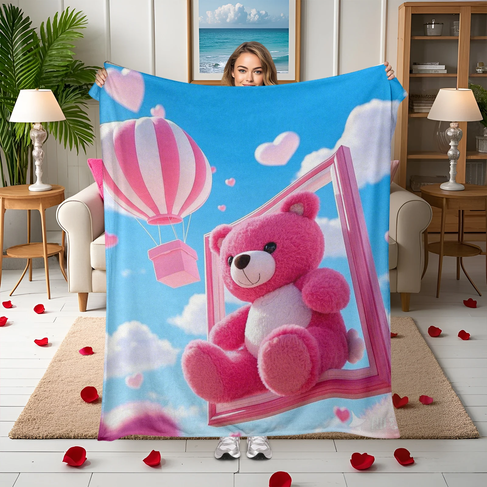 

Cozy Flannel Valentine S Blanket Featuring Pink Hot Air Balloon Teddy Bear Cartoon Expressing Love To Your Partner