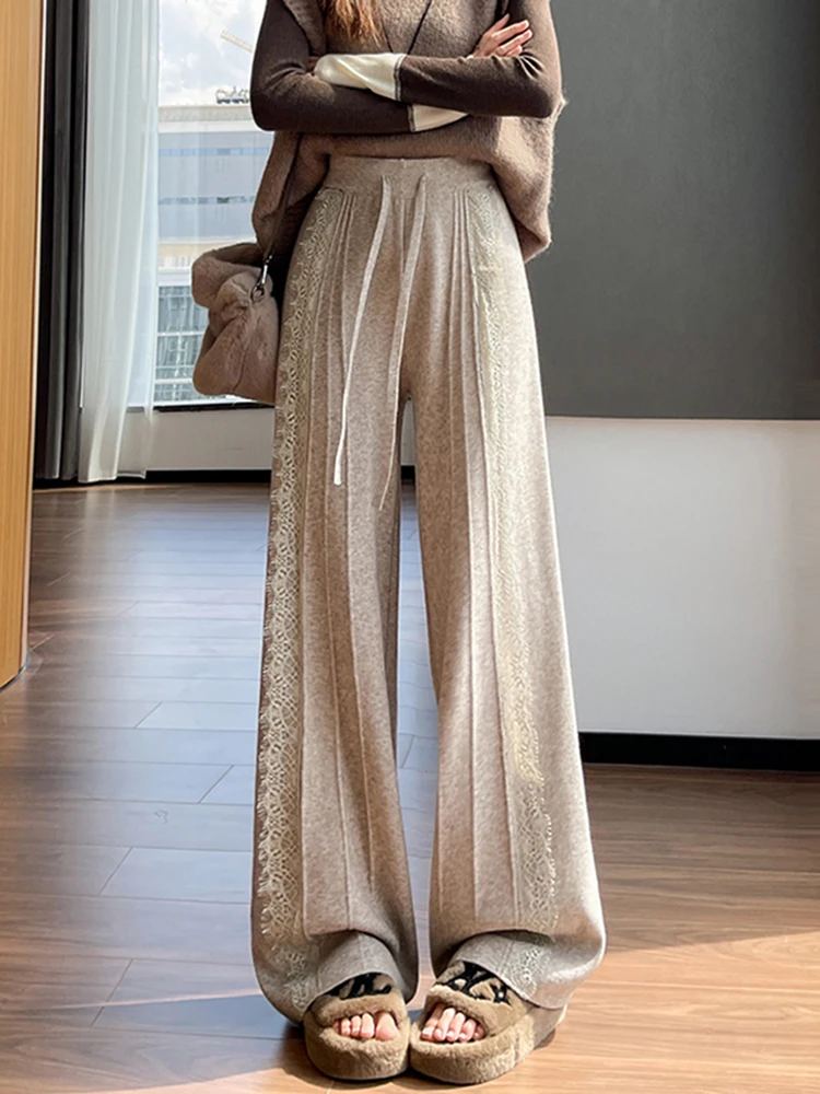 Spodnie damskie z wysokim stanem, koronkowe, dzianinowe, z szerokimi nogawkami, codzienne, proste, jesienno-zimowe, nowe, uniwersalne, wygodne.