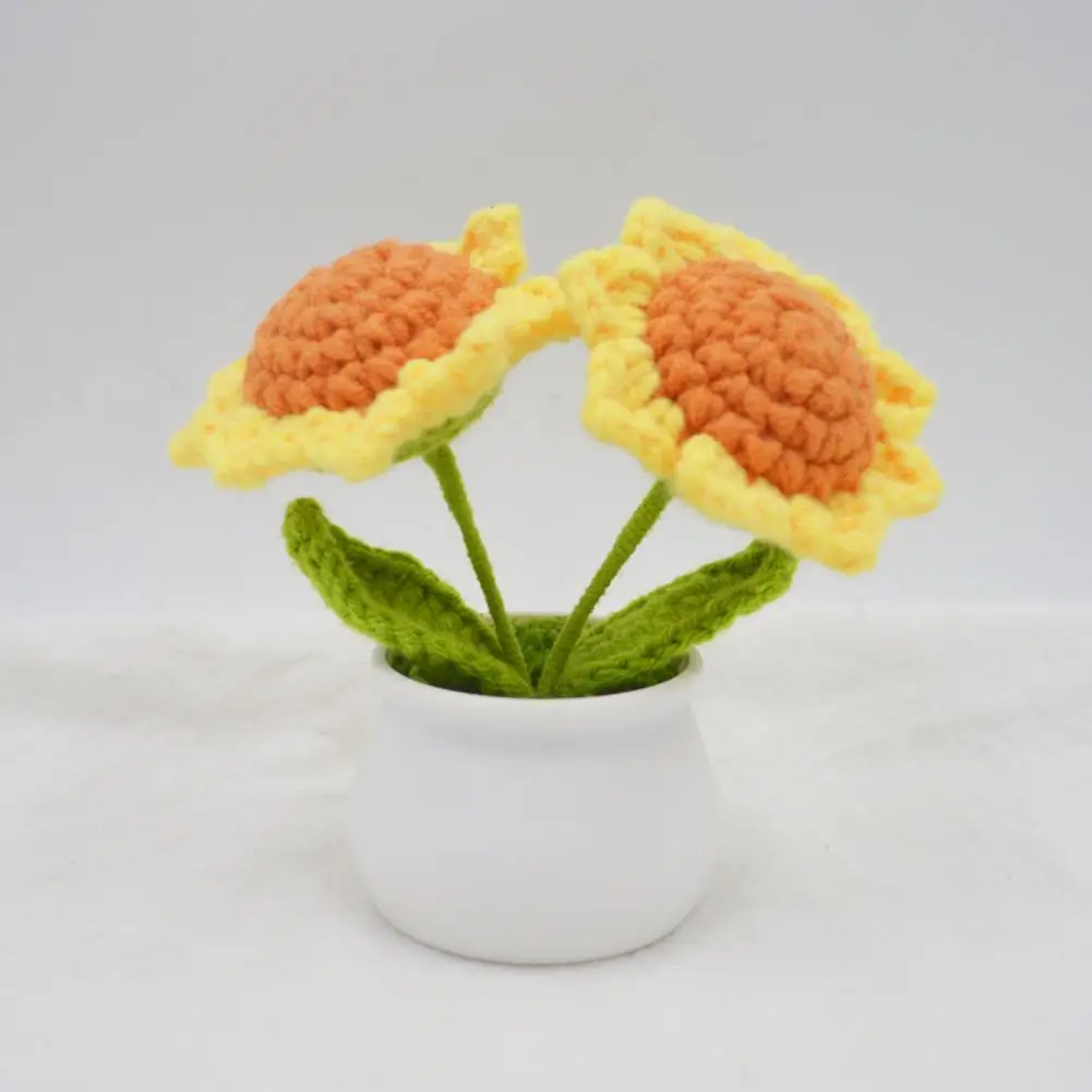 Table Sunflower Decoration Handmade Crochet Sunflower Decoration with Double Heads White Vase Mini Knitted Flower for Home