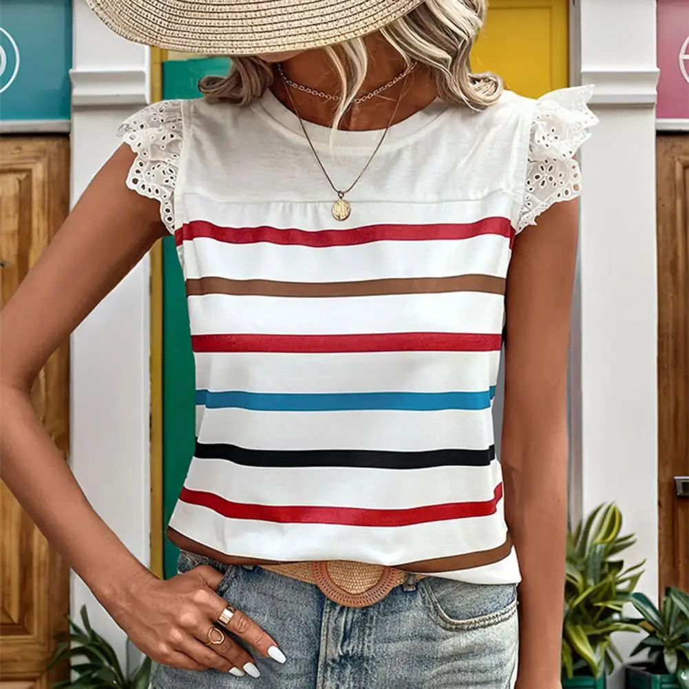 

Women T-shirt Stylish Women's Summer Tops Lace Flying Sleeve Tee Shirt Color Striped Regular Fit T-shirt Streetwear for Women