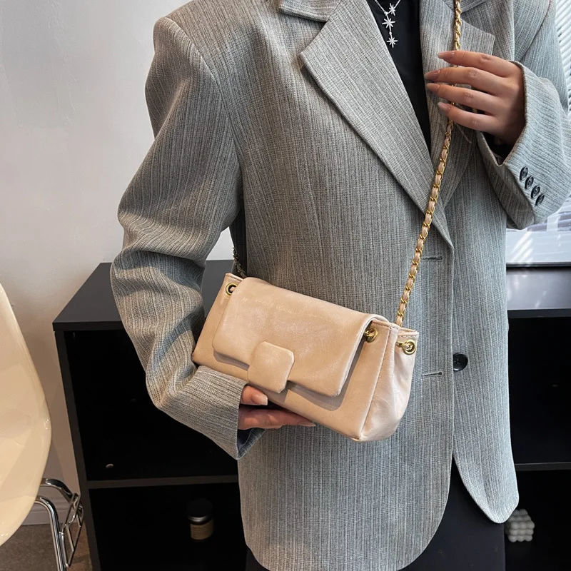 Fashion Chain One Shoulder Crossbody Bag  Women 2024 New Simple Korean Retro PU Small Square Bag Lady Flip Cover Commuter Bag