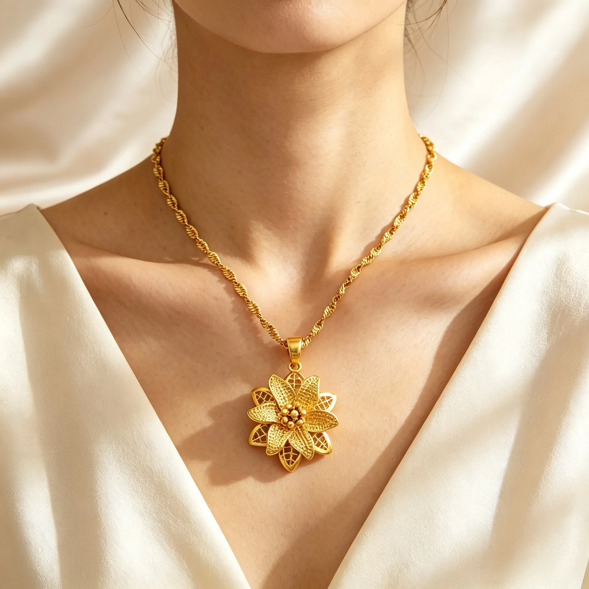 Luxury 24K 9999 Pure Gold real gold Women's Large Hollow Flower Necklace Silk Sunflower Pendant Twist Chain