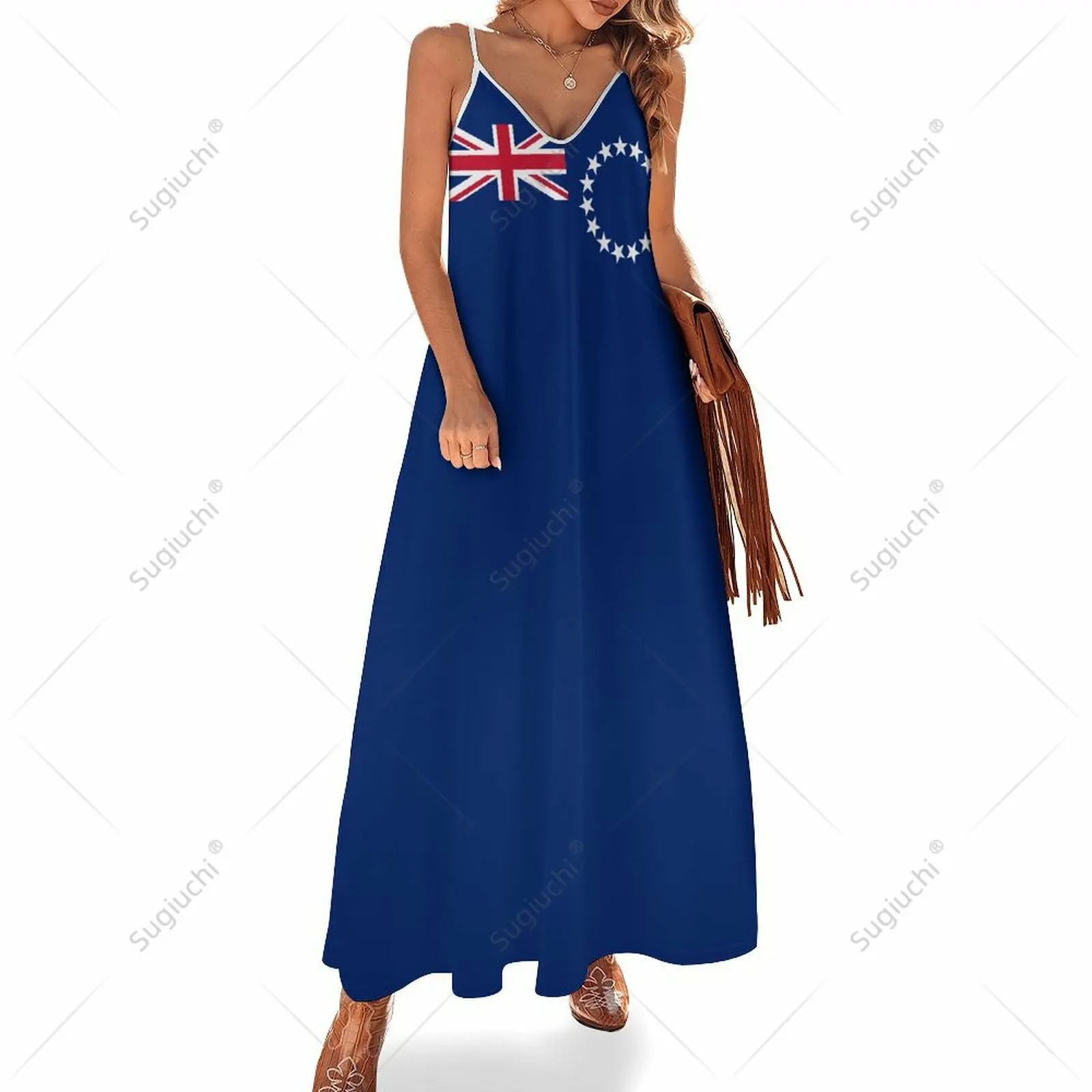 Lange Kleider Kleid Koch inseln Flagge drucken neue lässige ärmellose Frauen V-Ausschnitt bedruckte Kleid Swing Retro-Kleider