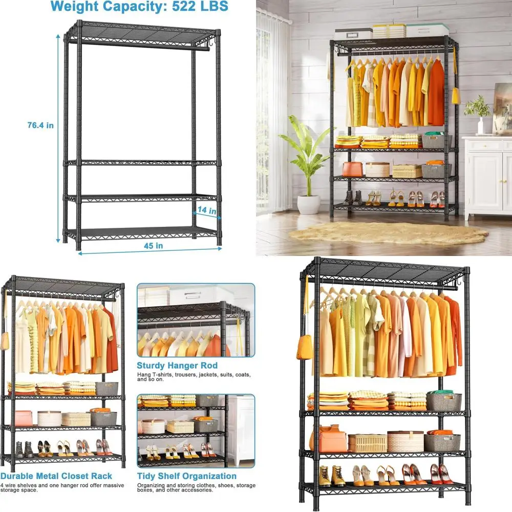 

4-Tier Metal Garment Rack - Bedroom & Cloakroom Storage, 45W x 14D x 76.4H, Holds 522lbs, Black