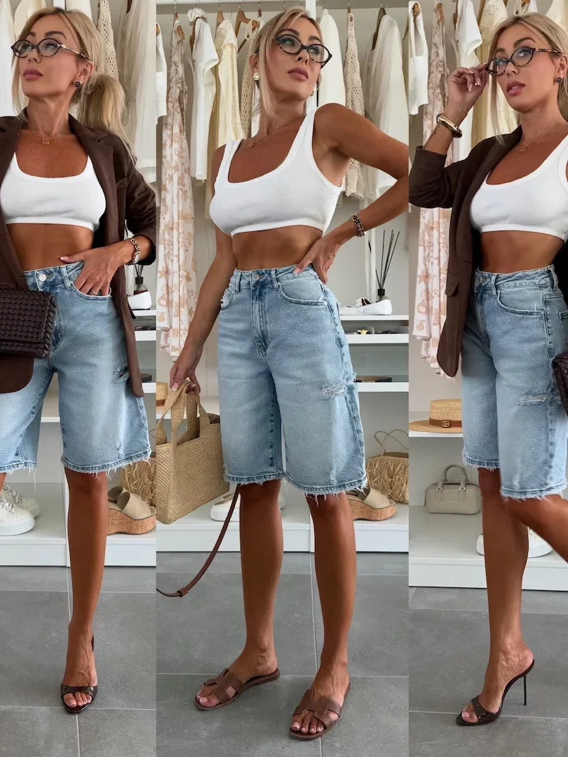

Повседневные свободные женские джинсовые шорты с высокой талией, прямые джинсы, синие перфорированные летние модные женские юбки