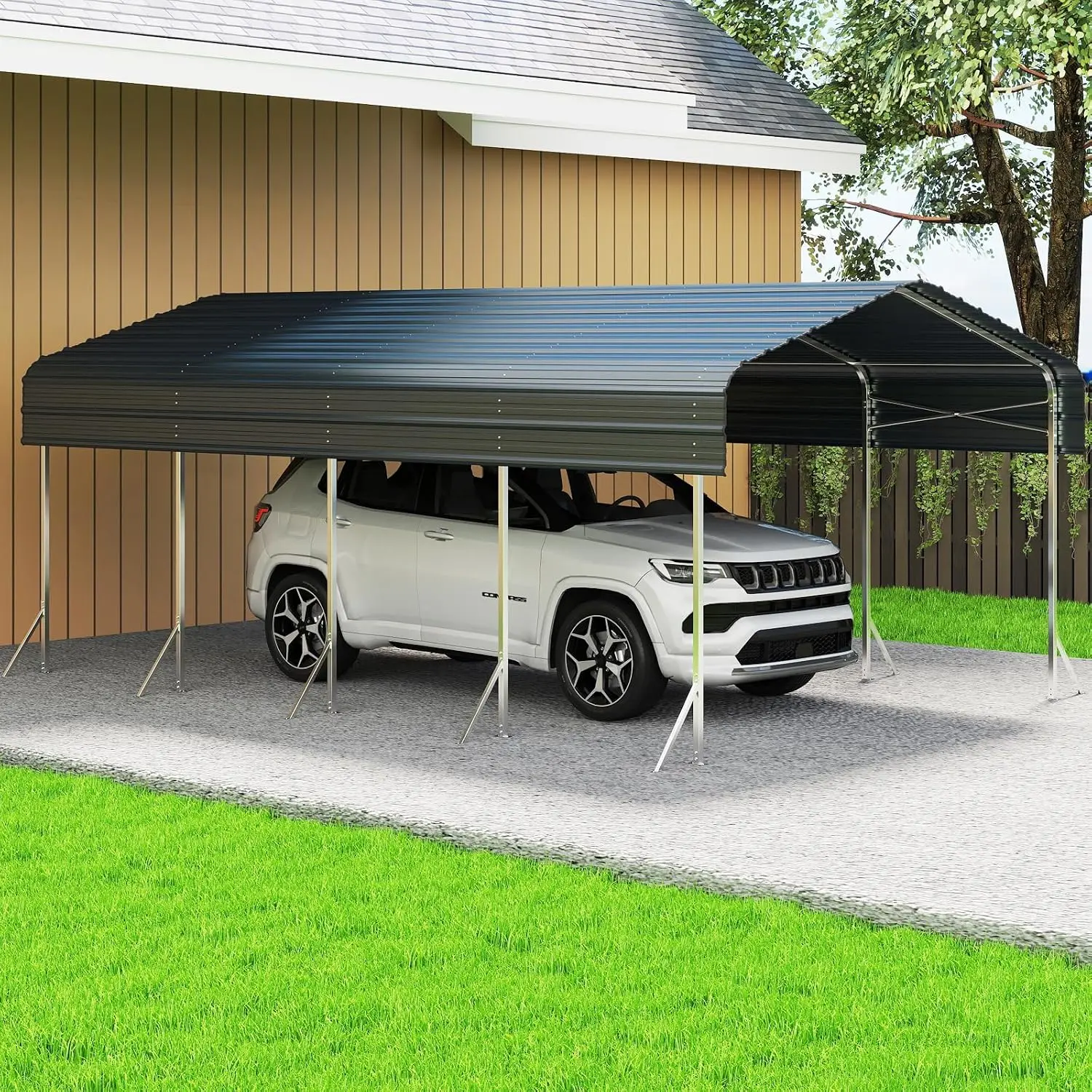 12x20FT Heavy Duty Metal Carport Outdoor Garage Grey Galvanized Weather Protection Cars Trucks Boats Equipment, Customized