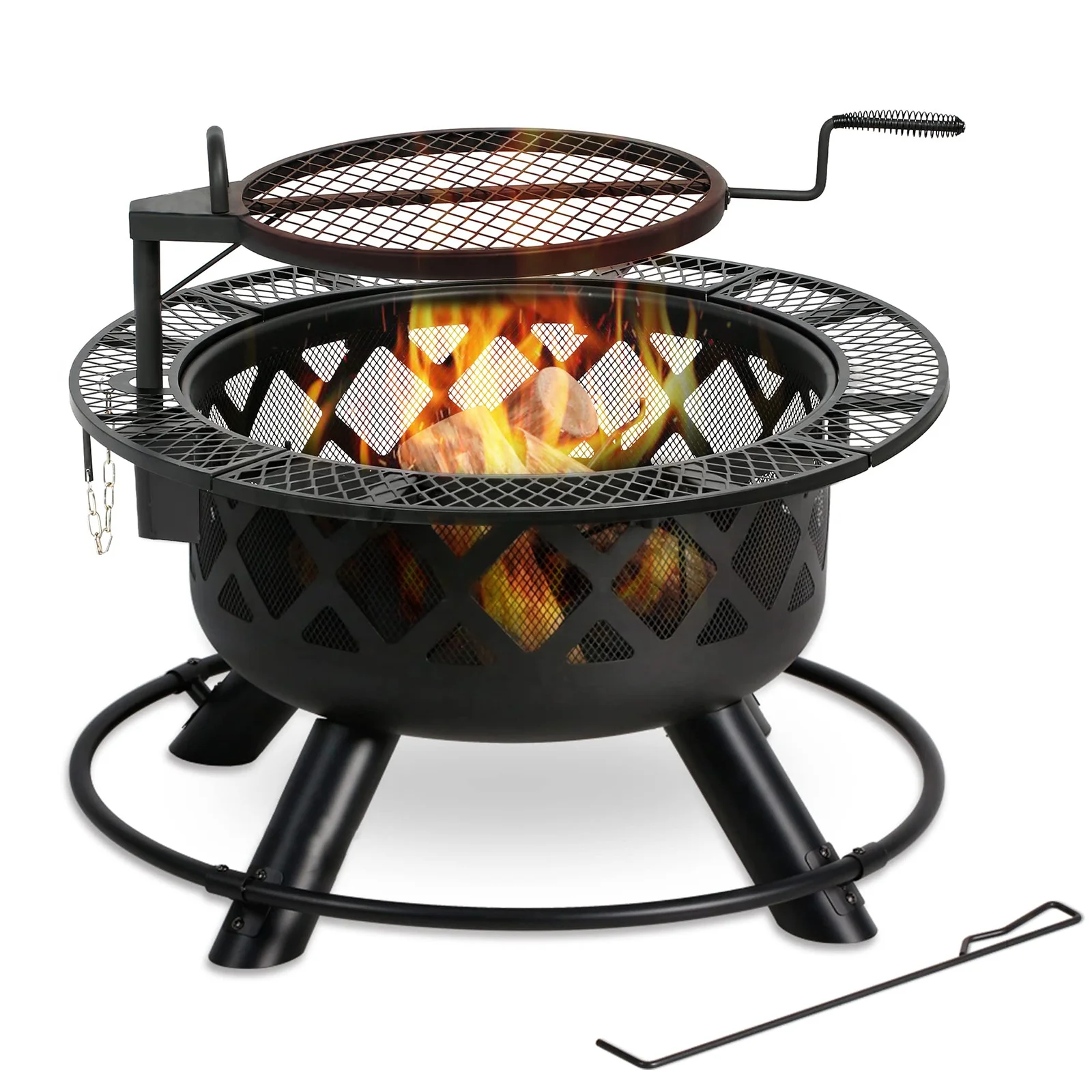 Large Outdoor Wood Burning Fire Pits Patio Backyard Fire Pit with Steel BBQ Grill Cooking for Garden Bonfire Camping Picnic