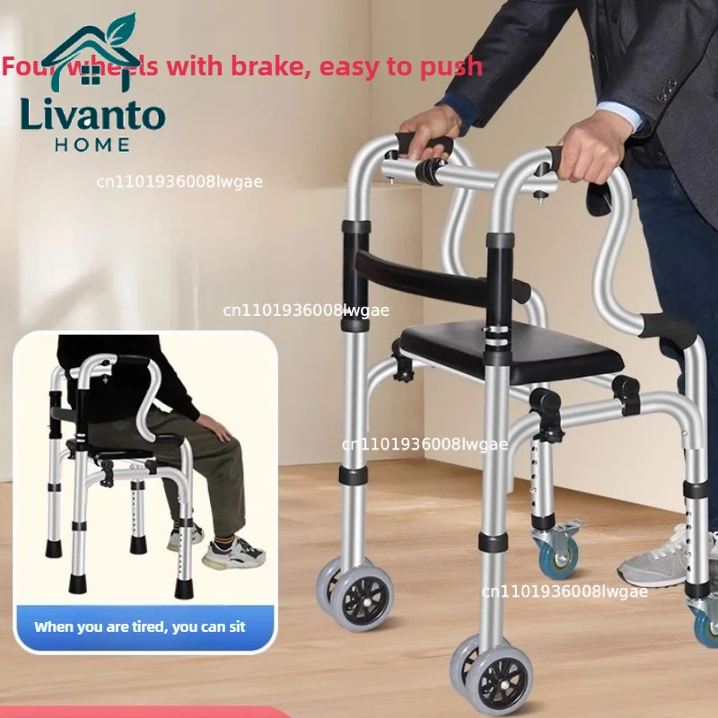 

‌Elderly Walker with Seat, 4-Wheel Mobility Rollator, Adjustable Walking Aid Cane, Rehabilitation Support Frame for Seniors