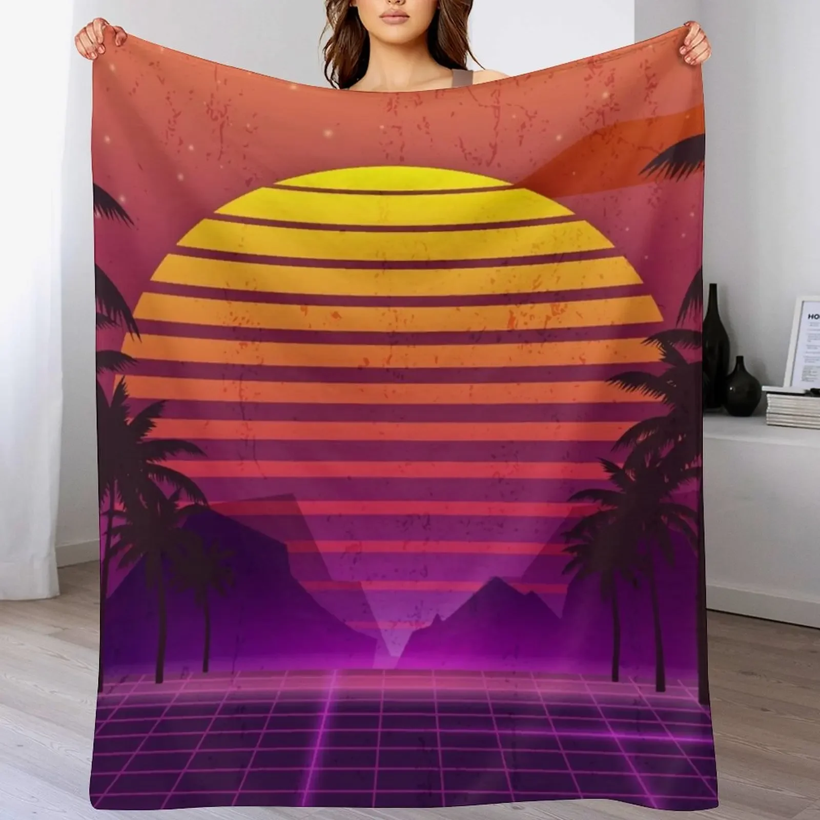 

80's Palm Trees Sunset Vaporwave Throw Blanket Decorative Beds Luxury Throw Blankets