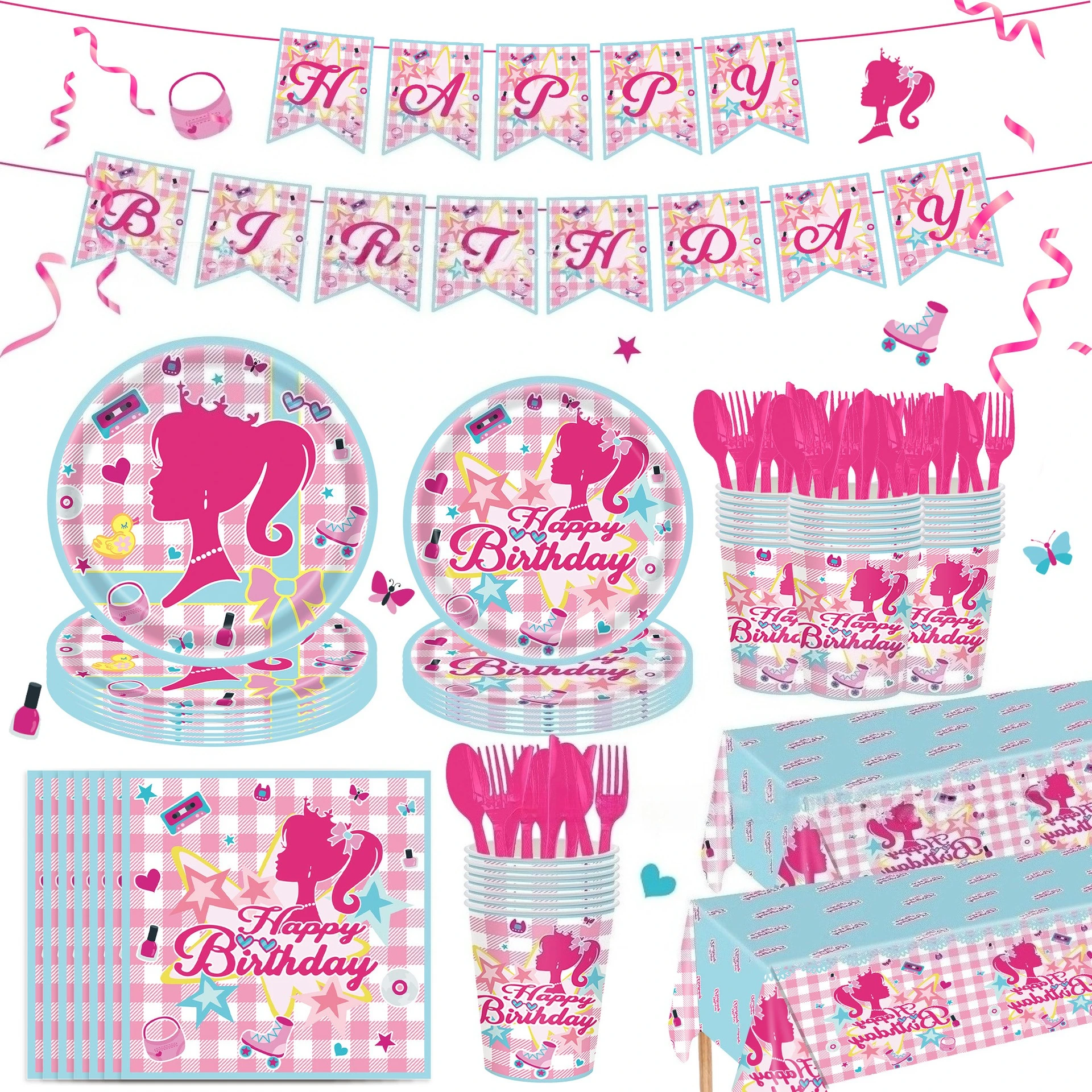 【セール中】20 個ローズレッドバービーガールパーティーカトラリーセット使い捨てプレートティッシュカップ誕生日パーティーパーティーの装飾シーンの装飾