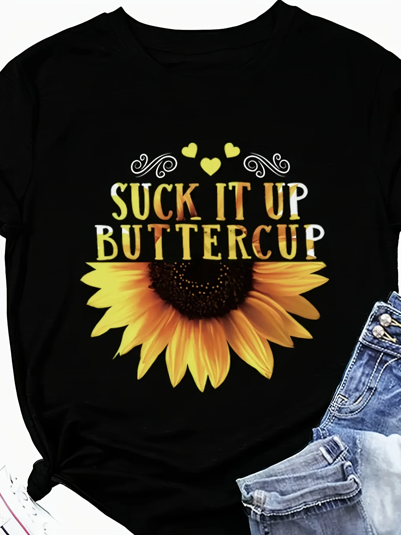 

[Sunflower Graphic Tee] Comfortable Sunflower Graphic T-Shirt - Women's "Suck It Up Buttercup" Black Polyester Blend