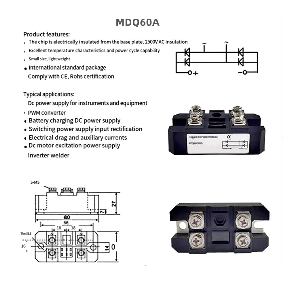 MDQ60-16 Single-phase rectifier MDQ60A 600V 800V 1000V 1200V 1400V 1600V 1800V 2000V 2500V Bridge rectifier module M340 package